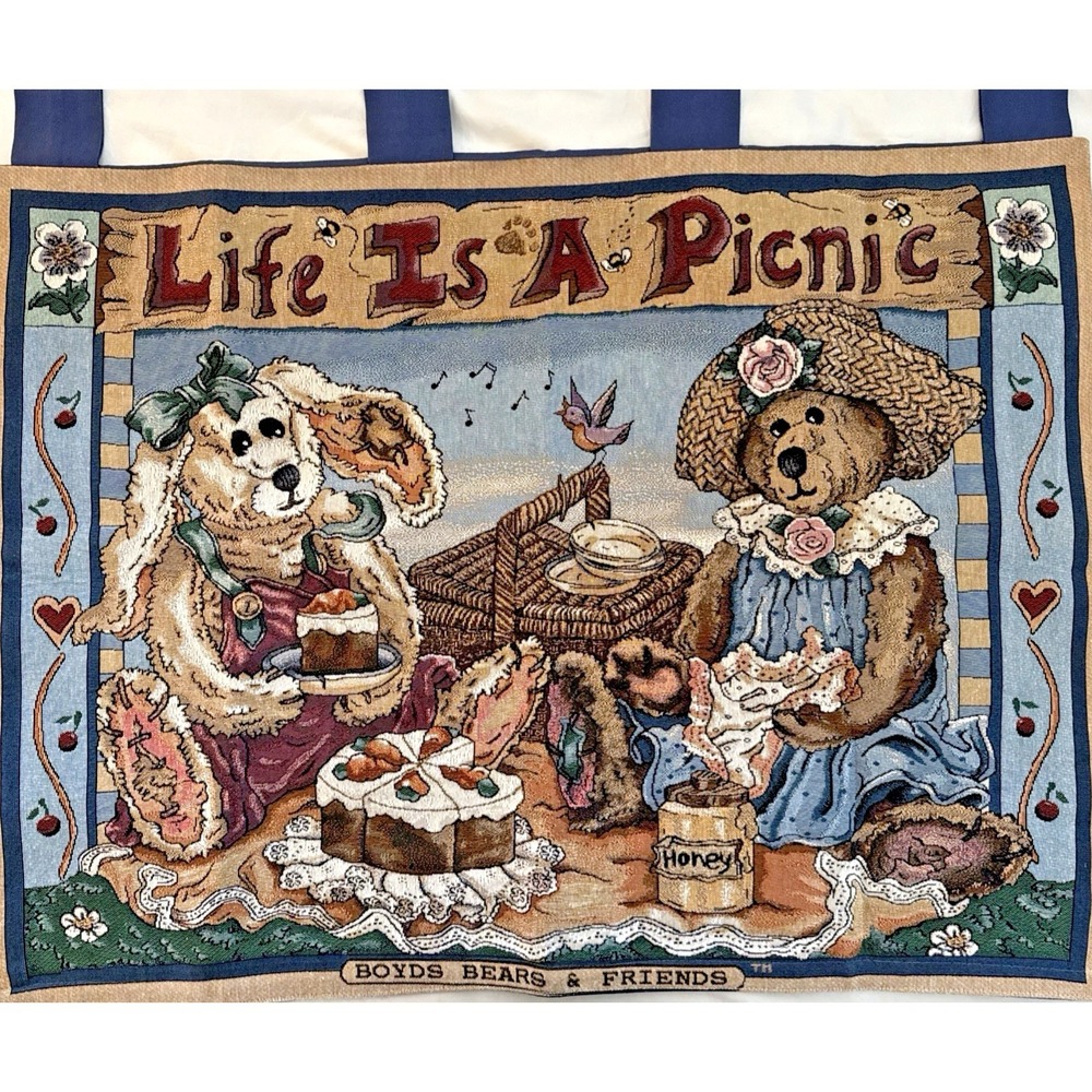 Boyds‎ Bears Tapestry LIFE IS A PICNIC 34" x 26" Lined Bunny VTG Wall Hanging